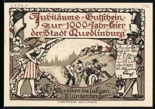 Notgeld Quedlinburg 1922, 50 Pfennig, Jubiläumsgutschein Tausendjahrfeier, Lustige Münzenberger, Bläserchor vor dem Tor
