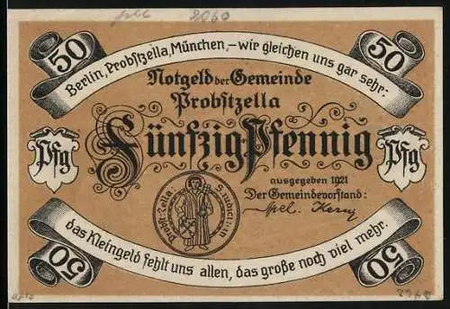 Notgeld Probstzella 1921, 50 Pfennig, Siegel, Probstei mit Umgebung