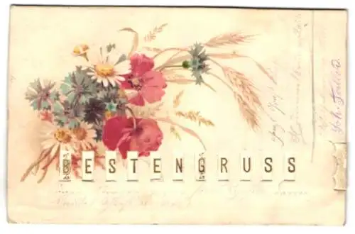 Mechanische-AK Blumenstrauss mit verschiebbarem Gruss