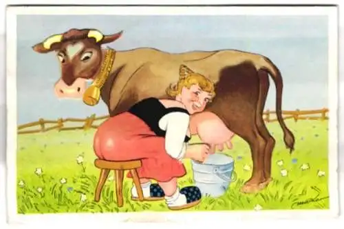 Mechanische-AK Bäuerin melkt eine Kuh