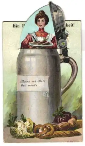 Mechanische-AK Bierkrug mit aufklappbarem Deckel, Gruss der Wirtin