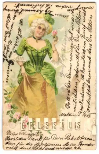 Mechanische-AK Elegante Dame im Kleid, Grussbotschaft