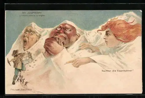 Lithographie Eiger, Mönch und Jungfrau, die Eisenbahner!, Arbeiter bauen Gleise für die Jungfraubahn, Berggesichter