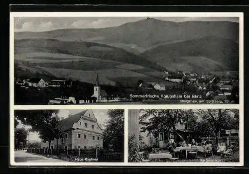 AK Königshain b. Glatz, Haus Grahner, Gartenanlage, Ortsansicht mit Spitzberg
