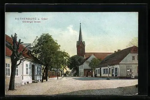 AK Rothenburg a. Oder, Grünberger Strasse mit Kirche