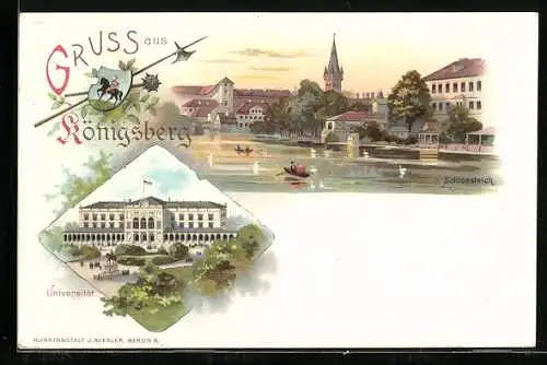 Lithographie Königsberg, Blick auf die Universität, Partie am Schlossteich