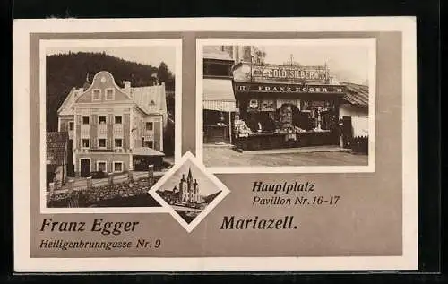 AK Mariazell, Gold-u. Silbergeschäft F. Egger, Heiligenbrunngasse 9, Pavillon Hauptplatz 16-17, Wallfahrtskirche