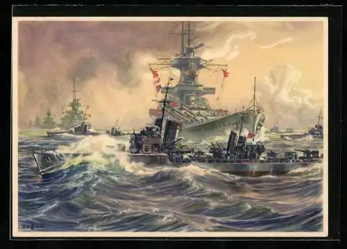 Künstler-AK K. Blossfeld: Durchbruch eines Torpedobootes, Kriegsschiffe auf dem Meer