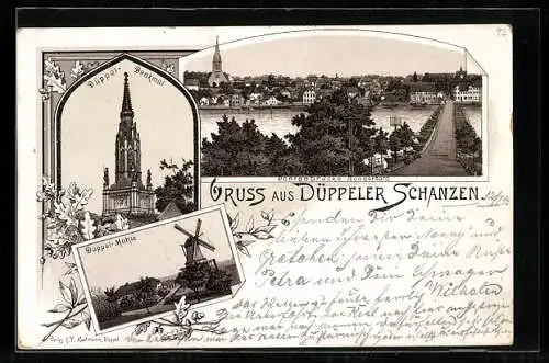 Vorläufer-Lithographie Düppeler Schanzen, 1892, Düppel-Denkmal, Düppel-Mühle, Pontonbrücke Sonderburg