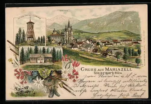 Vorläufer-Lithographie Mariazell, 1895, Schutzhaus auf der Bürgeralpe, Erzherzog Franz Karls-Höhe, Ortsansicht