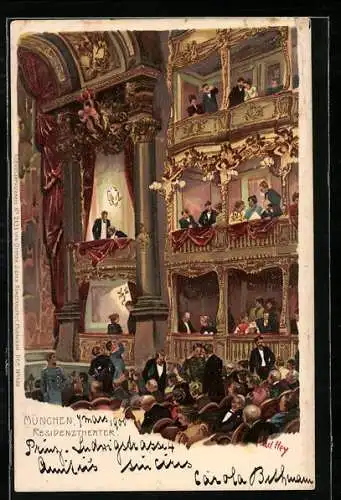 Künstler-Lithographie Paul Hey: München, Logen im Residenztheater