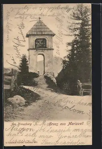 AK Mariazell, Turm am Kreuzberg, Pferdewagen