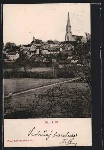 AK Bad Hall, Ortsansicht mit spitzem Kirchturm