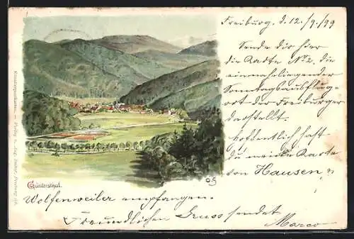 Lithographie Güntersthal / Freiburg, Ort und Talansicht um 1900