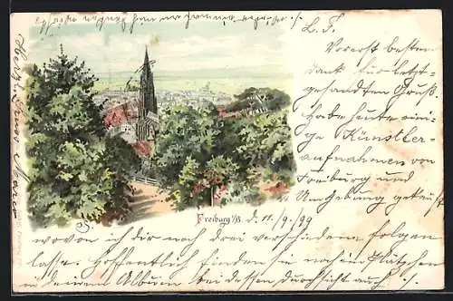 Lithographie Freiburg / Breisgau, Teilansicht mit Blick zum Dom