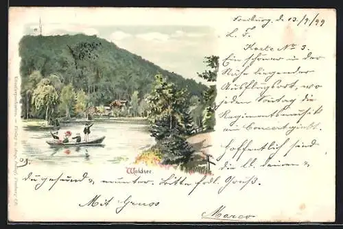 Lithographie Freiburg / Breisgau, Bootspartie auf dem Waldsee