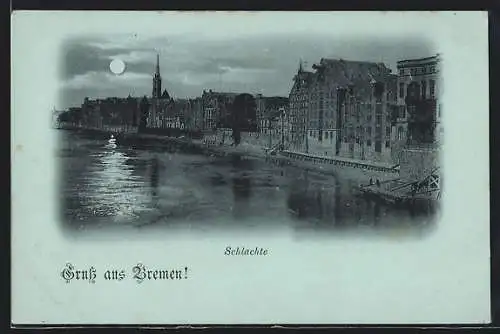 Mondschein-AK Bremen, Schlachte, Ortspanorama vom Wasser aus