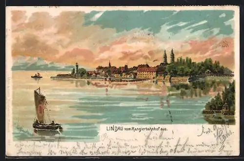 Lithographie Lindau / Bodensee, Panoramablick vom Rangierbahnhof