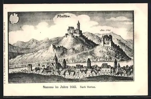 Künstler-AK Nassau / Lahn, Ortsansicht mit Schlössern im Jahre 1645, Wappenzeichen