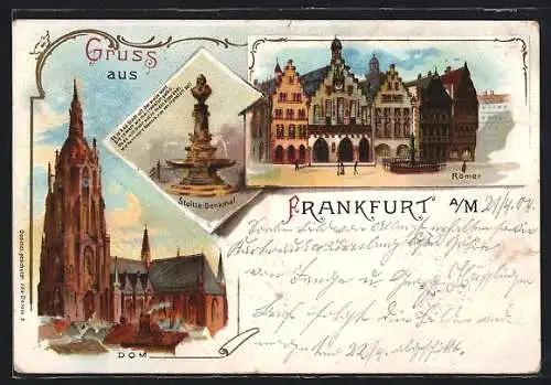 Lithographie Alt-Frankfurt, Dom, Römer, Stoltze-Denkmal um 1900