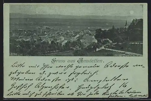 Mondschein-AK Amstetten, Ortsansicht mit Fernblick aus der Vogelschau