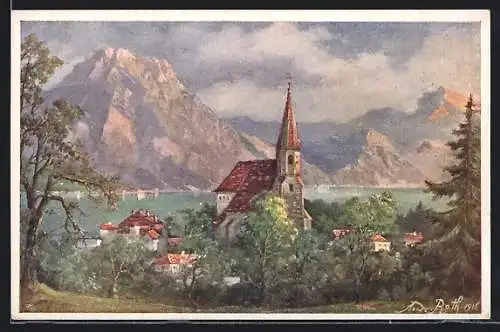 Künstler-AK Altmünster am Traunsee, Ortsansicht