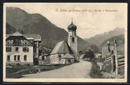 AK St. Anton a. Arlberg, Kirche u. Volksschule