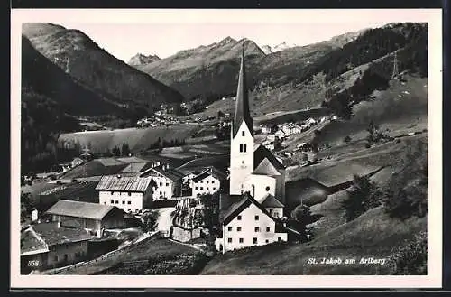 AK St. Anton am Arlberg, St. Jakob mit Kirche aus der Vogelschau