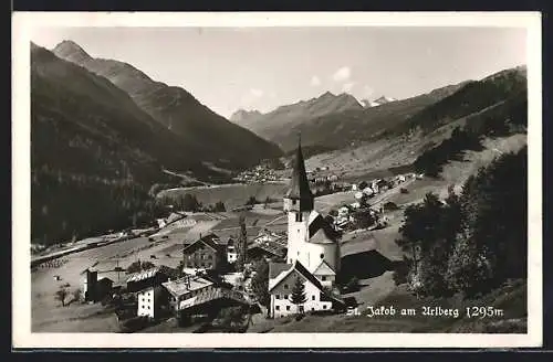 AK St. Anton am Arlberg, St. Jakob mit Kirche aus der Vogelschau