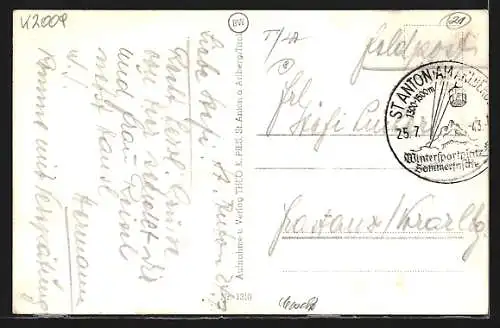 AK St. Anton am Arlberg, St. Jakob mit Kirche aus der Vogelschau