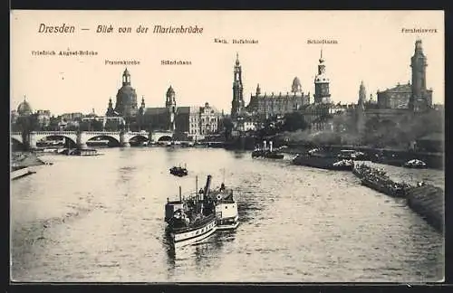 AK Dresden, Blick von der Marienbrücke auf Frauenkirche und Schlossturm