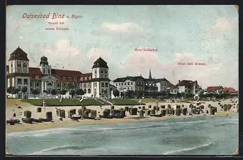 AK Binz, Strand mit Kurhaus, Hotel Kaiserhof, Hotel Cafe Gramm