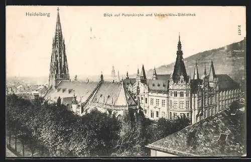 AK Heidelberg, Blick auf Peterskirche und Universitäts-Bibliothek