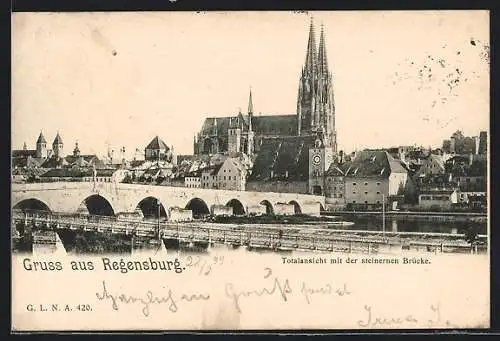 AK Regensburg, Totalansicht mit der steinernen Brücke