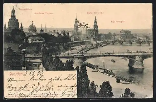 AK Dresden, Ansicht mit Frauenkirche, Brühlscher Terrasse, Kath. Hofkirche und Kgl. Hofoper