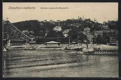 AK Dresden-Loschwitz, Brücke Loschwitz-Blasewitz, Raddampfer