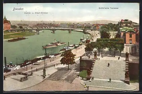 AK Dresden, Blick auf die Carola- und Albertbrücken und die Brühl`sche Terrasse