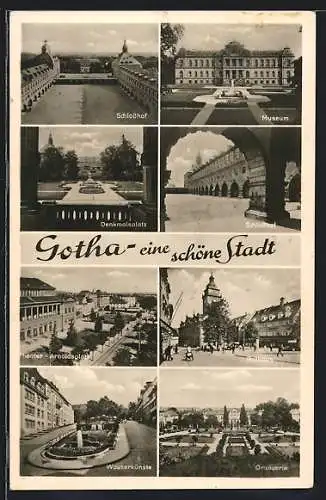 AK Gotha, Schlosshof, Museum, Denkmalsplatz, Rathaus, Theater am Arnoldsplatz, Wasserkünste, Orangerie