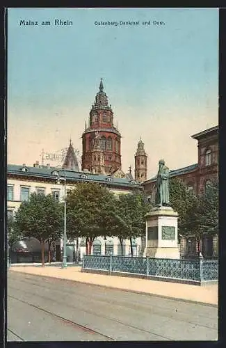 AK Mainz /Rh., Gutenberg-Denkmal und Dom
