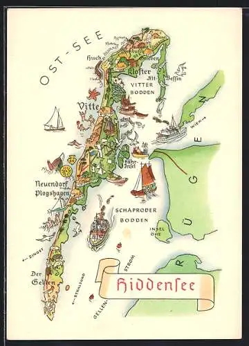 AK Hiddensee, Karte der Insel mit Teilen Rügens, Fische Boote und Fähre