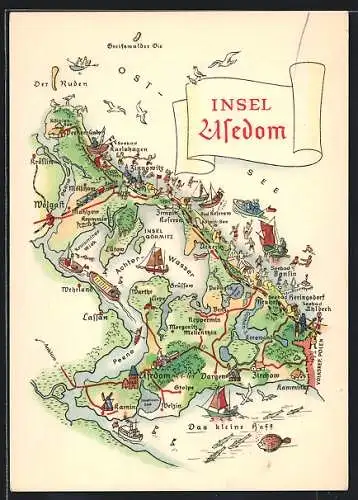 AK Usedom, Landkarte der Insel, Segelboote, Dampfer