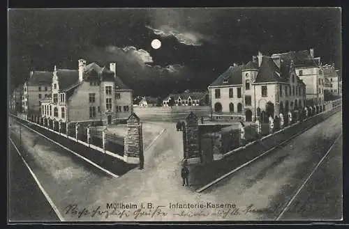 AK Müllheim i. B., Infanterie-Kaserne bei Vollmond