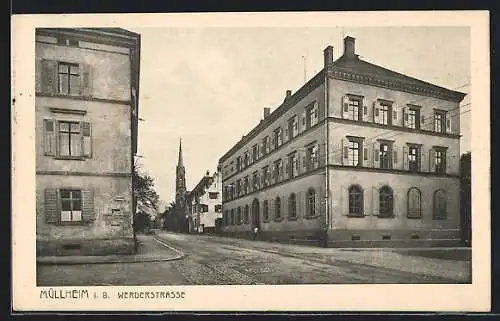 AK Müllheim i. B., Werderstrasse mit Kirche