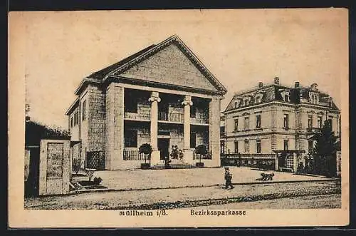 AK Müllheim i. B., Bezirkssparkasse mit Strassenpartie