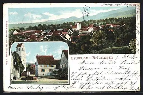 Lithographie Britzingen, Ortsansicht mit Kirche