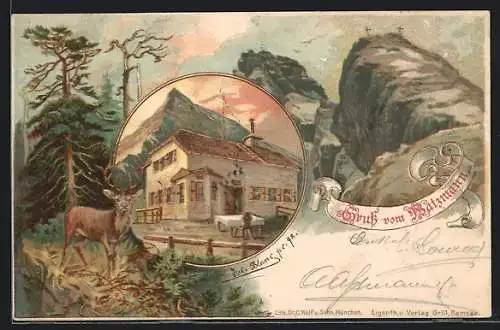 Lithographie Ramsau, Alpengasthaus Watzmann, Hirsch im Wald