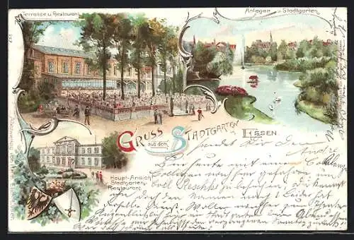 Lithographie Essen, Stadtgarten-Restaurant, Terrasse, Anlagen u. Stadtgarten
