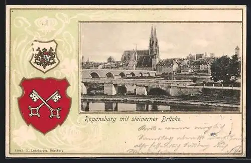 AK Regensburg, Teilansicht mit steinerner Brücke, Wappen