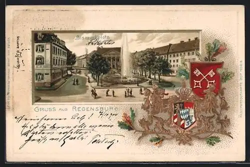 Passepartout-Lithographie Regensburg, Bismarkplatz mit Fontaine, Landeswappen