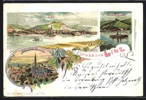 Lithographie Linz / Rhein, Panorama, Linzhausen & Ruine Ockenfels